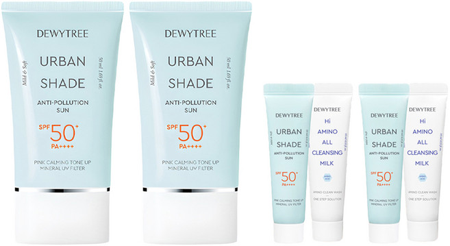 듀이트리 어반쉐이드 안티폴루션 선크림 SPF50+ PA++++ 50ml + 10ml + 하이아미노 올 클렌징 밀크 10ml 세트, 2개