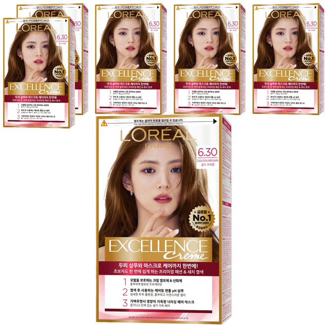 로레알파리 엑셀랑스 크림 빗캡으로 간편한 새치염색 염모제, 6.30호 골드 브라운, 6개