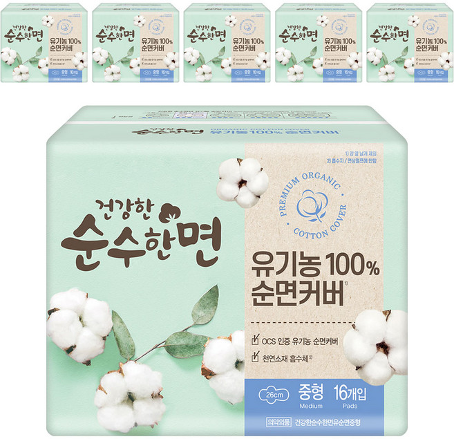순수한면 건강한 생리대 날개형, 중형, 16개입, 6개