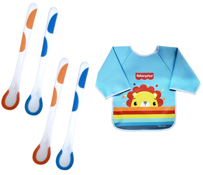 피셔프라이스 온도감지이유 스푼 2종 x 2p + 긴팔 유아 턱받이, 1세트, 블루(턱받이)