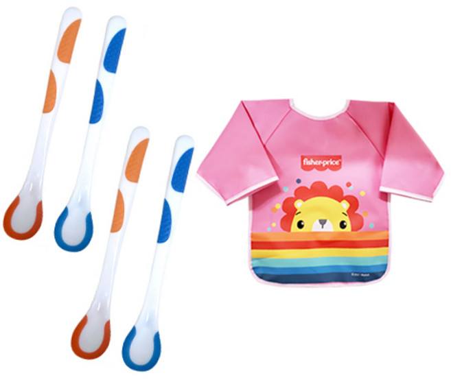 피셔프라이스 온도감지이유 스푼 2종 x 2p + 긴팔 유아 턱받이, 1세트, 핑크(턱받이)