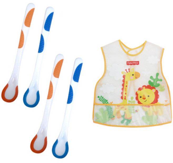 피셔프라이스 온도감지이유 스푼 2종 x 2p + 조끼식 턱받이, 옐로우(턱받이), 1세트