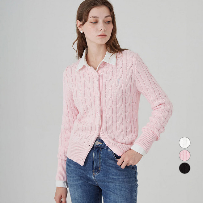 ELLE PARIS 로고 자수 라운드넥 케이블 니트 가디건