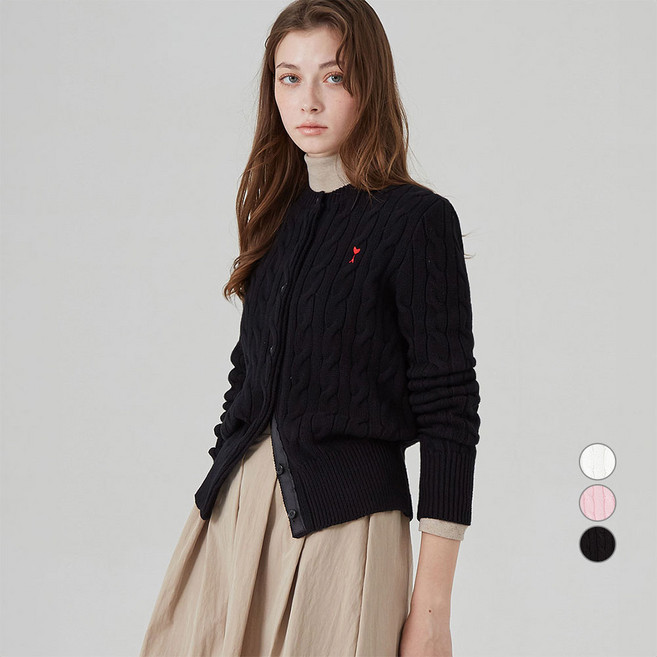 ELLE PARIS 로고 자수 라운드넥 케이블 니트 가디건