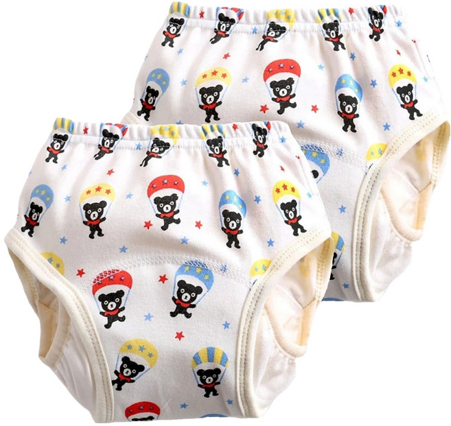 加厚6層學習褲/尿布褲 加厚檔片吸水性強 保持乾爽 純棉材質柔軟親膚 舒適透氣 鬆緊設計自由調整 貼合身形, 跳傘小熊 白色, 2件