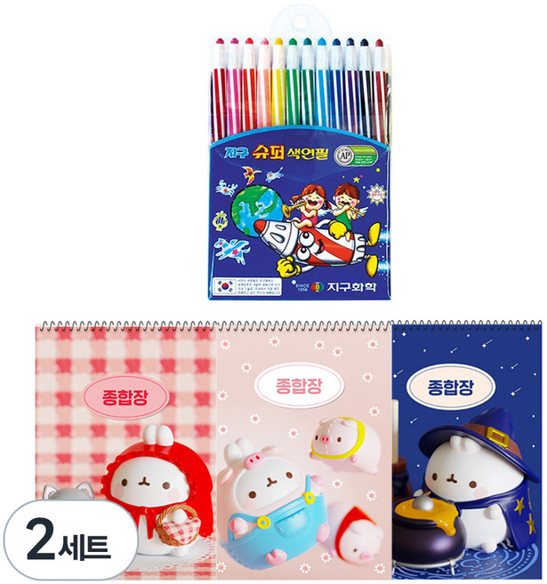 몰랑이 종합장 3권 + 지구화학 슈퍼지구 12색 문구세트, 랜덤발송(종합장), 2세트
