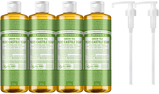 닥터브로너스 그린티 페이스 앤 바디 퓨어 캐스틸 솝 바디워시 2p +펌프1개, 4개, 475ml