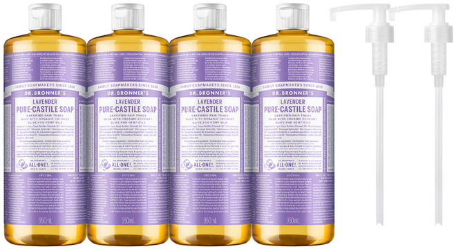 닥터브로너스 퓨어 캐스틸 솝 페이스 앤 바디 바디워시 라벤더 2p +펌프1개, 950ml, 2개