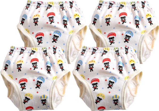 加厚6層學習褲/尿布褲 加厚檔片吸水性強 保持乾爽 純棉材質柔軟親膚 舒適透氣 鬆緊設計自由調整 貼合身形, 跳傘小熊 白色, 4件