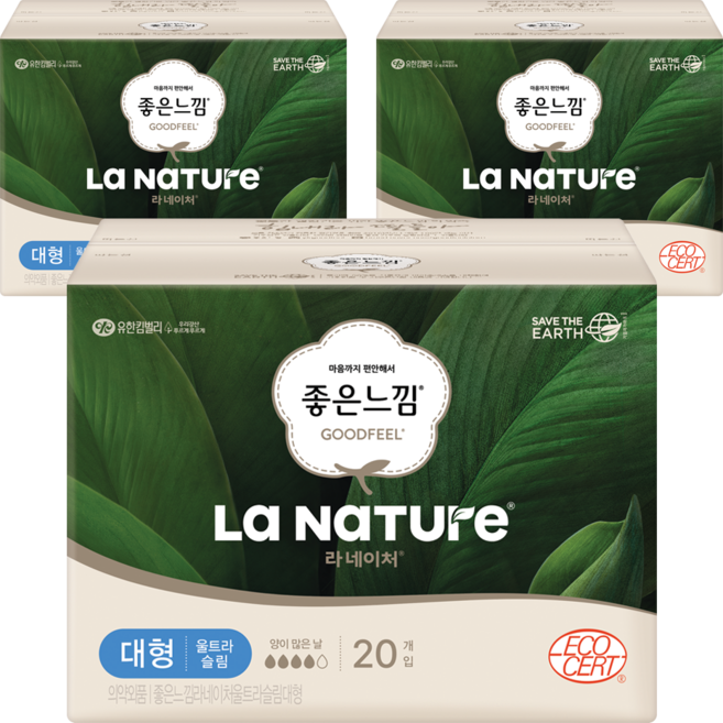 라네이처 좋은느낌 울트라 슬림 생리대 날개형, 대형, 20개입, 3개