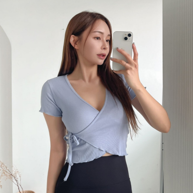 라라온 여성용 필라테스 요가 리본 스트랩 랩 티셔츠 TSP2276