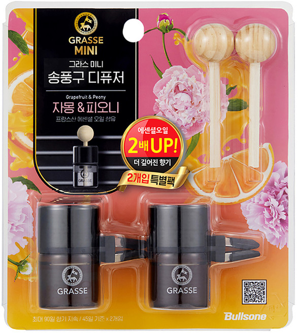 불스원 그라스 미니 송풍구 차량용 디퓨저 10ml, 자몽&피오니, 2개