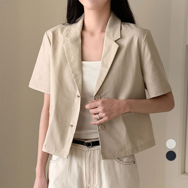 afinar 女款亞麻混紡短袖短版西裝外套
