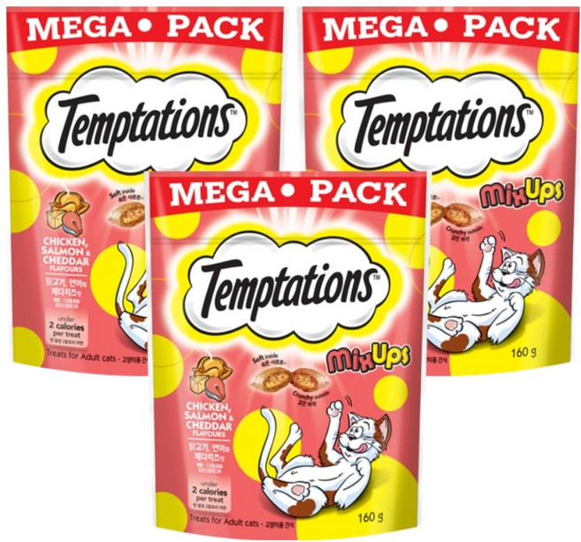 템테이션 고양이 스낵, 혼합맛(닭고기/연어/체다치즈), 160g, 3개