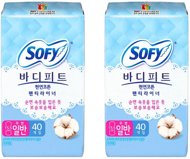 바디피트 천연코튼 팬티라이너 무향, 일반, 40개입, 2개 - 쿠팡