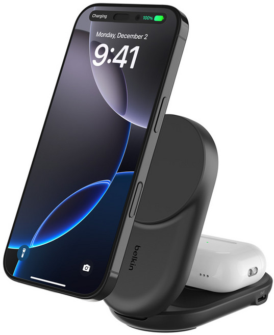 벨킨 울트라차지 2in1 Qi2 25W 폴더블 마그네틱 무선 초고속 충전기 WIZ039kr, 블랙(WIZ039krBK), 1개