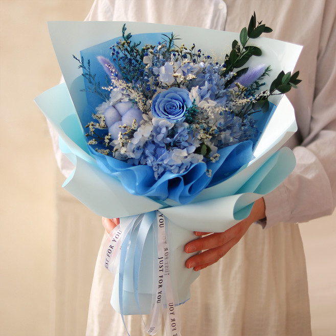 Scent Basket 鮮花 永生花束 L + 提袋 + 卡片組, 冰藍色