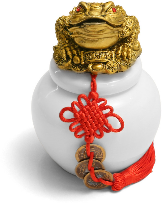 리드홈 부자되는 재물운 풍수 미니 항아리 소금단지 + 삼족 두꺼비 + 복주머니 + 엽전 세트, 백자
