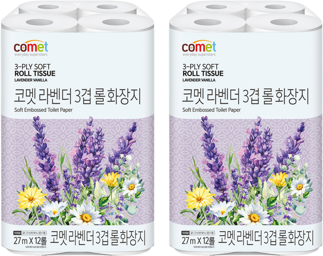 코멧 라벤더 3겹 롤화장지 27m, 12개입, 2개