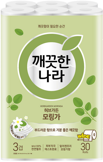 깨끗한나라 허브가든 모링가 3겹 천연펄프 화장지, 30m, 30개입, 1개