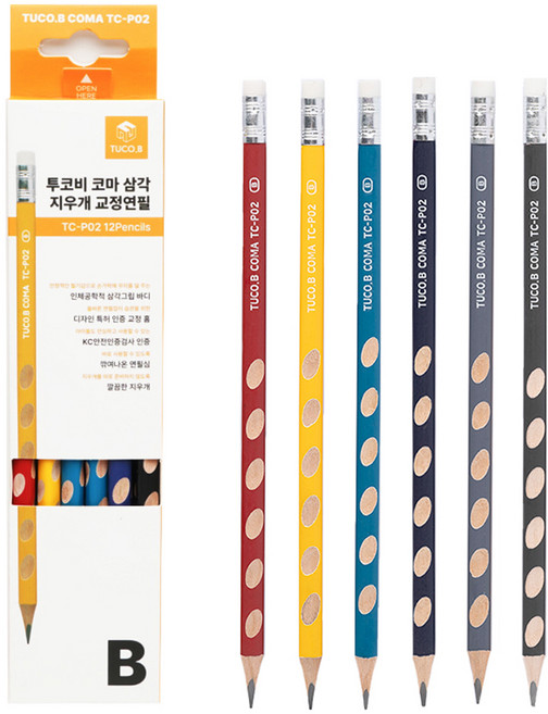 투코비 코마 교정용 삼각 그립 교정 연필 B 세트 TC-P02, 혼합색상, 12개