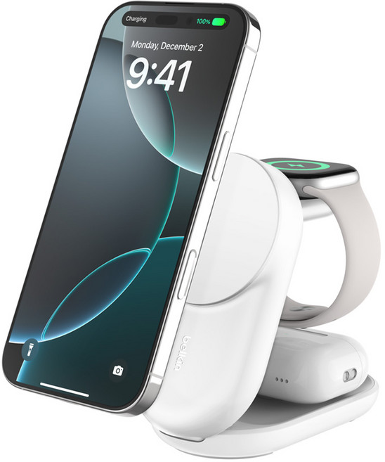 벨킨 울트라차지 3in1 Qi2 25W 폴더블 마그네틱 무선 초고속 충전기 WIZ037kr, 화이트(WIZ037krWH), 1개