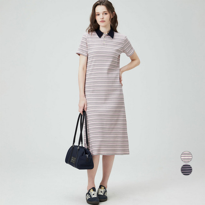 ELLEPARIS 여성용 소프트 텐션 스트라이프 립 반소매 카라 롱 원피스