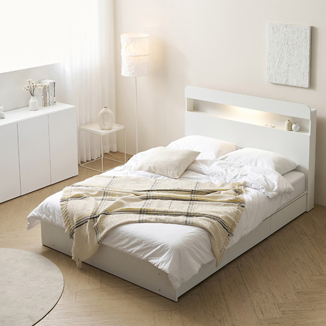 에브리가구 더나잇 LED 서랍 수납 침대 프레임 + 본넬 매트리스 세트 방문설치, 화이트