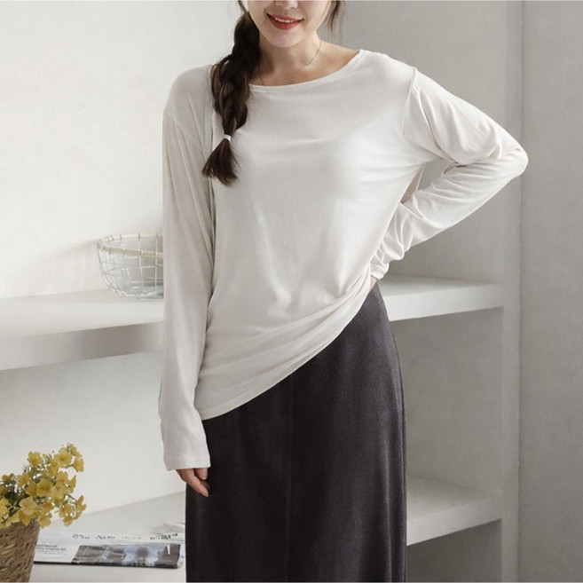라라온 여성용 심플 보트넥 루즈핏 긴팔 티셔츠 TSP2704