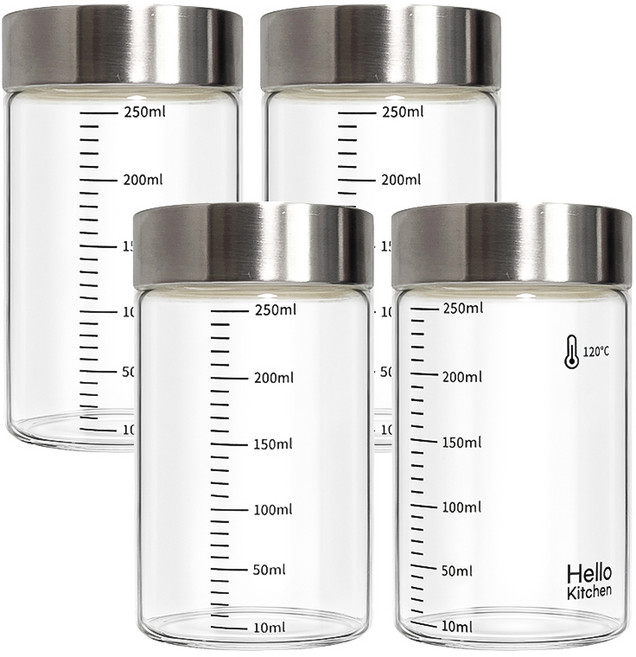 헬로키친 내열유리 눈금 유리병, 250ml, 4개
