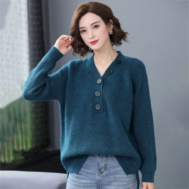 루나걸 여성용 솔리드 버튼 브이 니트