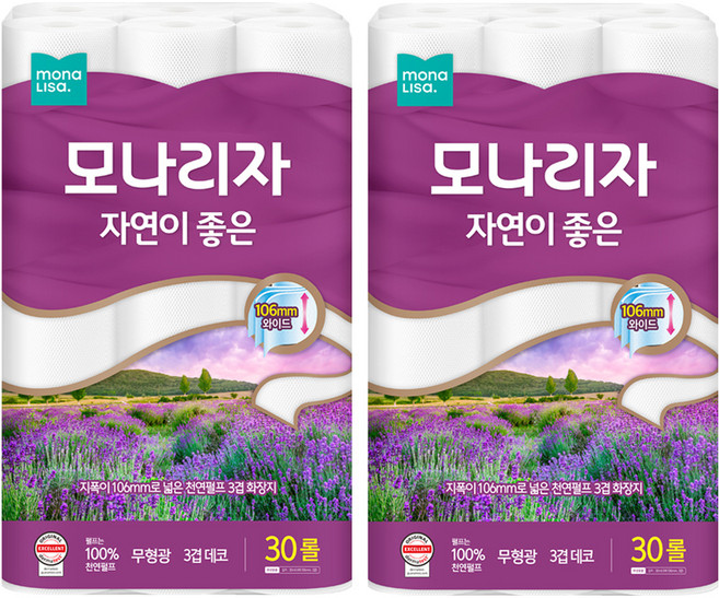 모나리자 자연이 좋은 천연펄프 3겹 고급롤화장지, 30m, 30롤, 2개