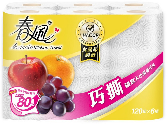 春風 秒吸收廚房紙巾 120張, 6捲, 1袋