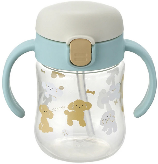 Richell 利其爾 TLI 布逗兒鴨嘴吸管水杯 吸管練習 方便清洗, 薄荷小狗, 200ml, 1個