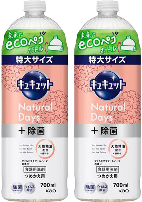Kao 花王 Cucute Natural Days+ 洗碗凝露補充瓶 野花與草本香, 700ml, 2瓶