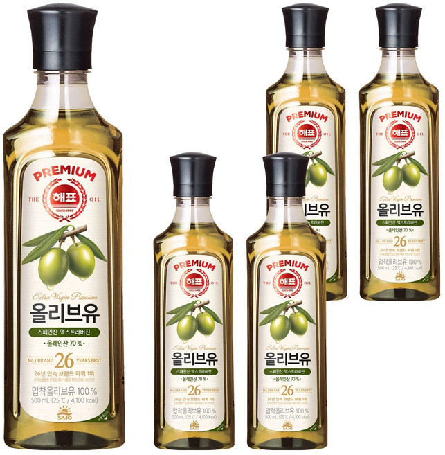 해표 압착 올리브유, 500ml, 5개