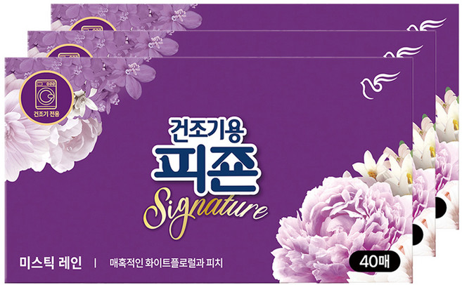 피죤 시그니처 건조기용 섬유유연제 시트 미스틱 레인향 본품, 40개입, 3개