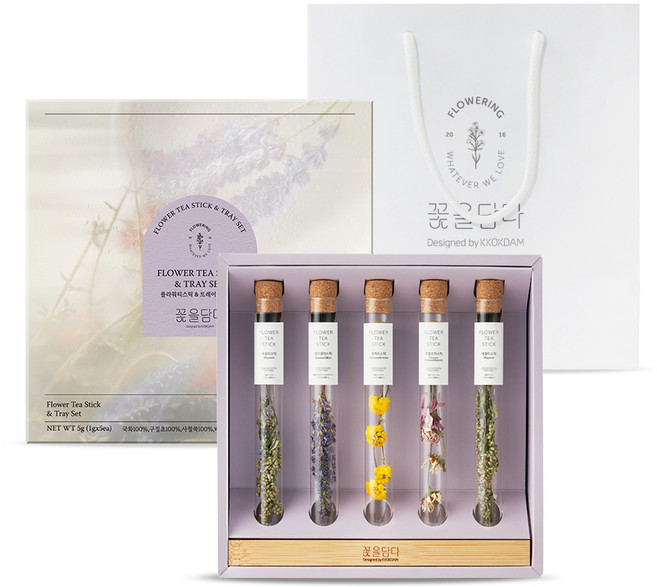 꽃을담다 꽃 차 선물세트, 플라워티스틱 5종 + 트레이 + 쇼핑백, 1세트