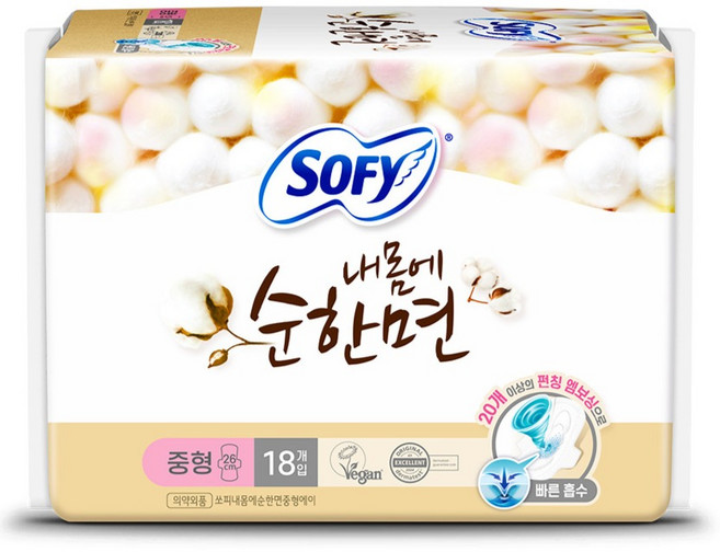 쏘피 내몸에순한면 생리대 날개형, 중형, 18개입, 1개