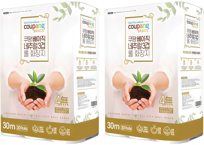 쿠팡베이직 네추럴 3겹 천연펄프 롤화장지 30m, 30개입, 2개