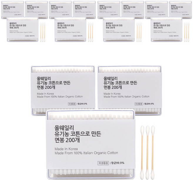 올웨일리 국산 오가닉 면봉 이탈리아 코튼, 15개, 200개입