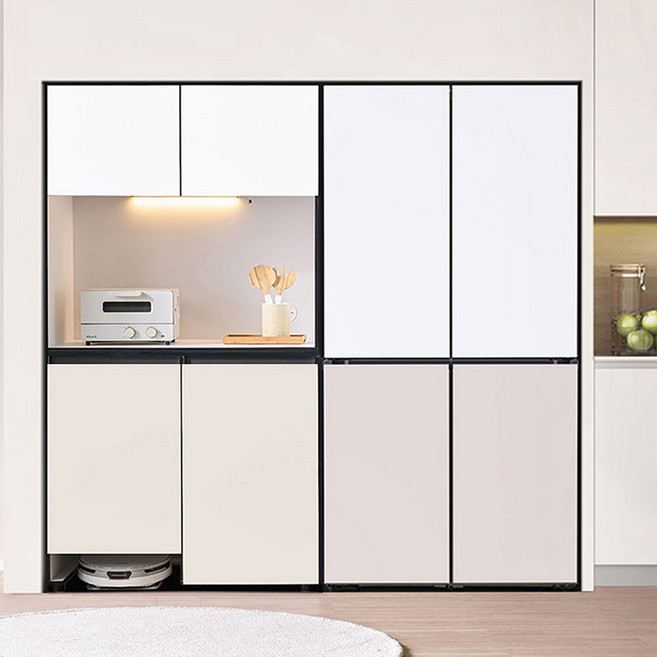 엘리에셀 벤지 비스포크 오브제 LED 1200 로봇청소기형 주방수납장 세트 방문설치, 화이트(상부장) + 베이지(하부장)