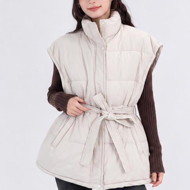 Fashion Flow 女款冬季法式腰帶點綴長版鋪棉背心
