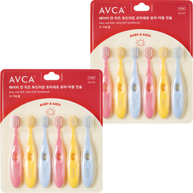 아브카 부드러운 초미세모 유아칫솔 스텝 2단계 6p 세트, 블루 + 옐로우 + 핑크, 6개입, 2세트