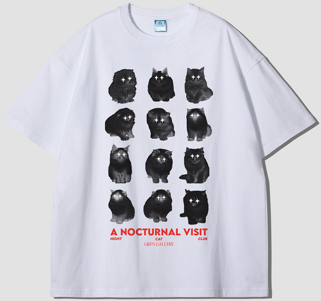 그랜피니 통기성 어센틱 오버핏 나이트 캣 클럽 프린팅 라운드 20수 반팔 티셔츠
