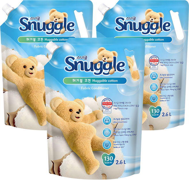 스너글 초고농축 섬유유연제 오리지널 허거블 코튼 리필, 2.6L, 3개