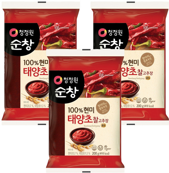 청정원순창 100% 현미 태양초 찰고추장, 200g, 3개