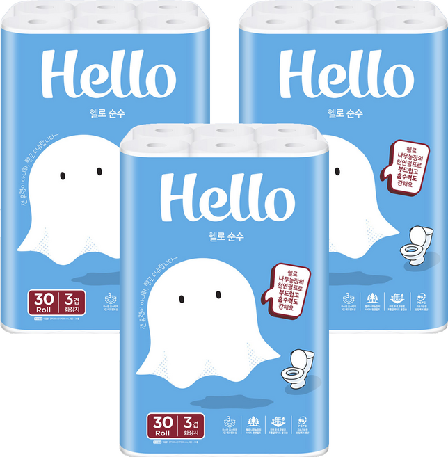 헬로 순수 천연펄프 3겹 데코 롤화장지, 30m, 30개입, 3개