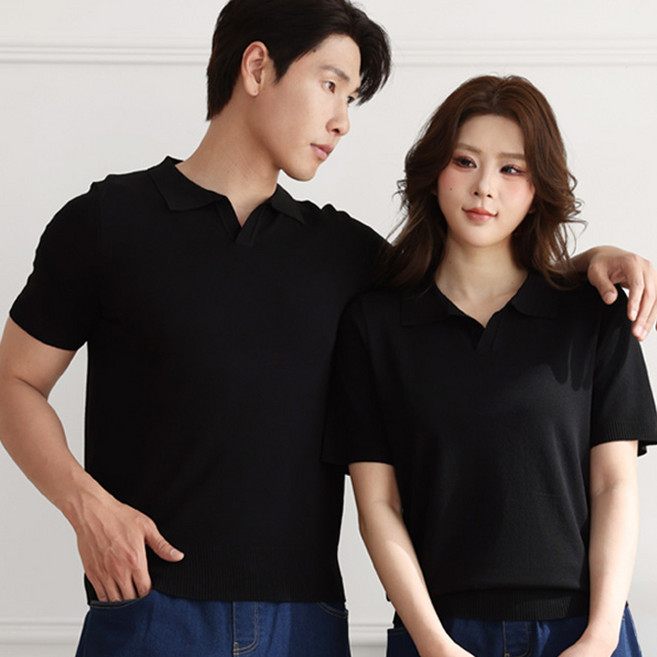 턴키 남녀공용 빅사이즈 오픈카라 니트 스판 반팔 티셔츠 ST-083