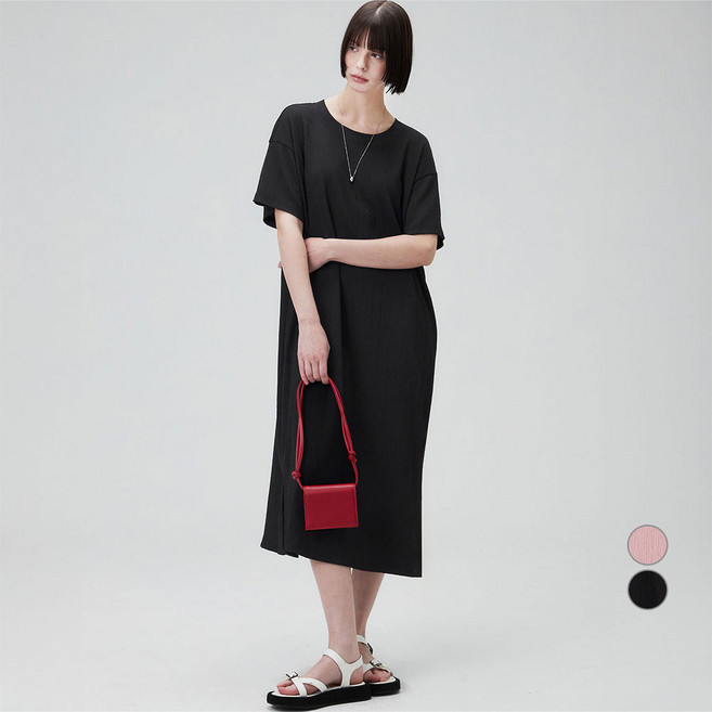 ELLEPARIS 여성용 주름가공 여름니트 이지핏 라운드넥 롱 원피스